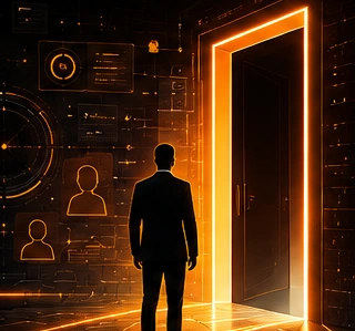 Figura diante de uma porta iluminada, símbolo de possibilidades na identidade BTD